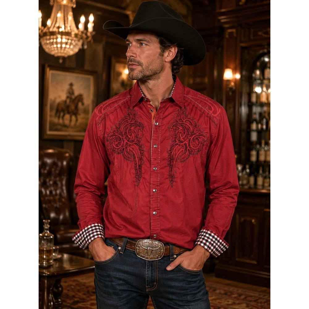 HOUSE OF LORDS Men's XL Western Red Long Sleeve Shirt Flip Cuff -2423
